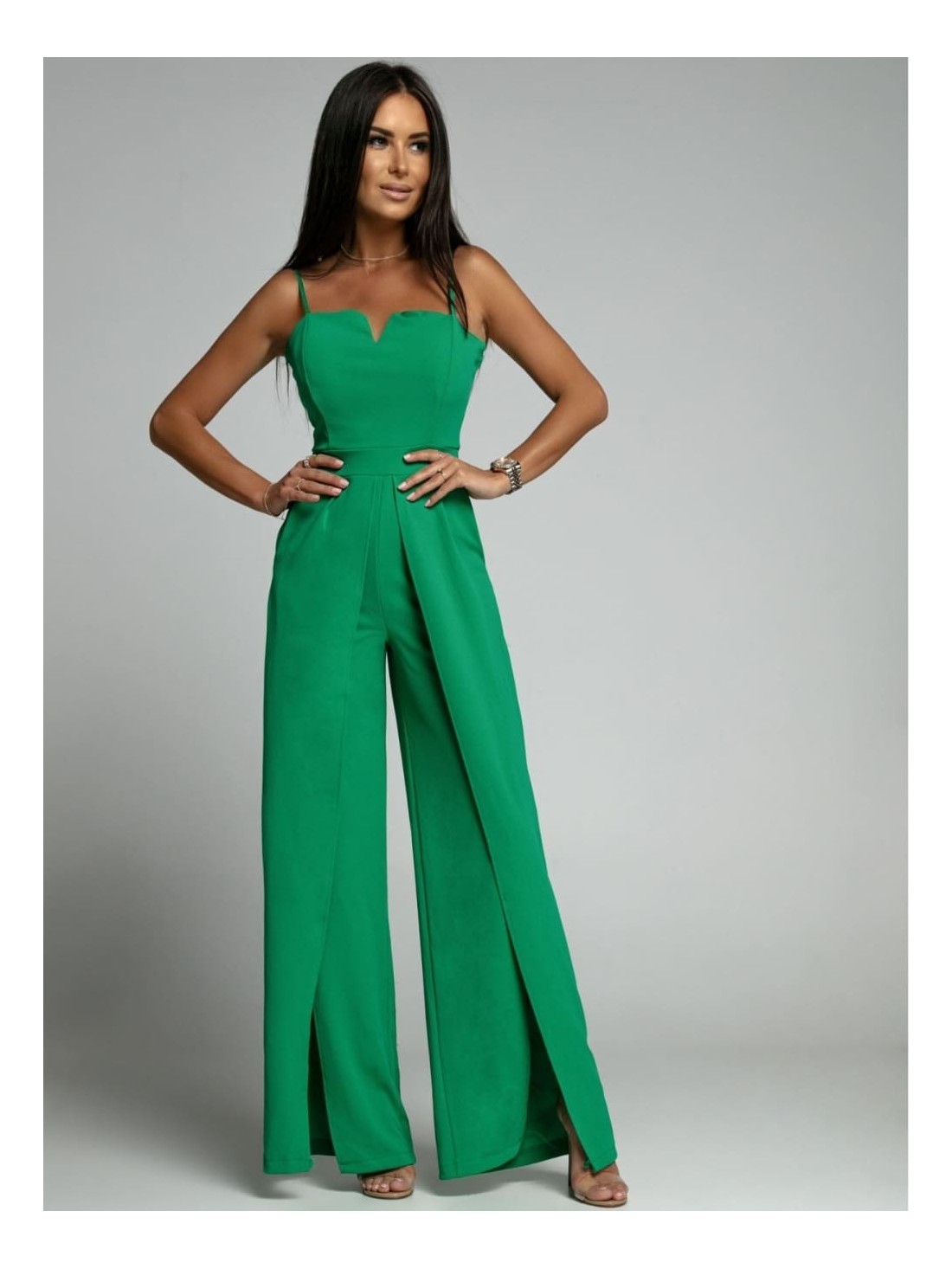 Elegant jumpsuit with straps and slits, green AZRT035